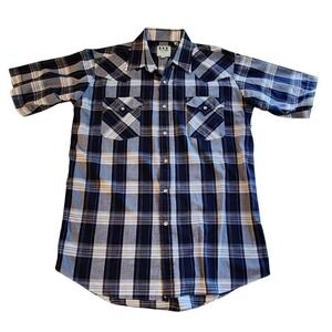 Ely‎ Cattleman Shirt Mens L Black Plaid Pearl Snap Short Sleeve Western